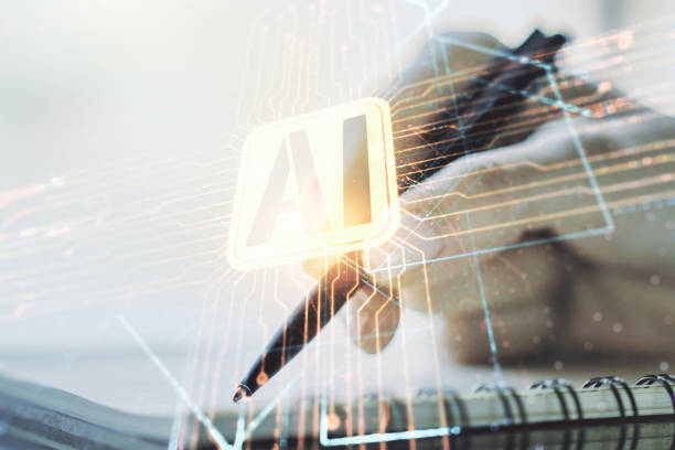 istock Double exposure of creative artificial Intelligence abbreviation with woman hand writing in notepad on background. Future technology and AI concept 1218087380