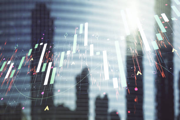 istock Multi exposure of abstract financial graph on office buildings background, forex and investment concept 1218087602