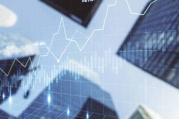 istock Multi exposure of abstract financial graph on office buildings background, forex and investment concept 1218087688