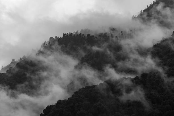 istock a beautiful mountain view with fog and clouds 1218087757