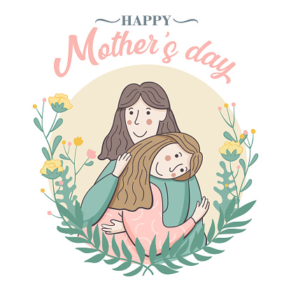 Mom hugs her child. Happy Mother`s Day Greeting Card with floral elements. Poster for the holiday of women's day on March 8