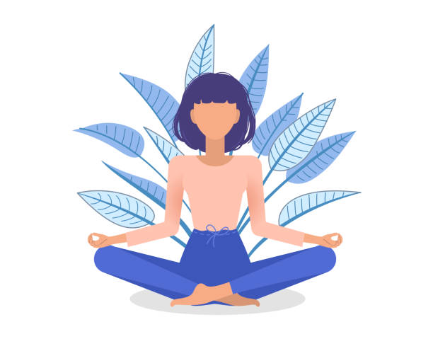 ilustrações, clipart, desenhos animados e ícones de mulher meditando em folhas de plantas. garota em lotus posa praticando yoga.
ilustração conceitual de relaxamento, harmonia e estilo de vida saudável. - yoga lotus zen like buddhism