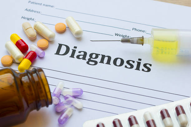 istock Diagnosis on white paper with medication injection, syringe and pills background copy space for your text 1218090660