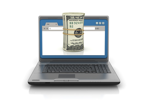 Computer Laptop with Web Browser and Dollar Money Roll - White Background - 3D Rendering