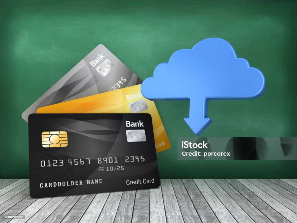Credit Cards with Cloud Computing on Chalkboard - 3D Rendering Computer Network Stock Photo