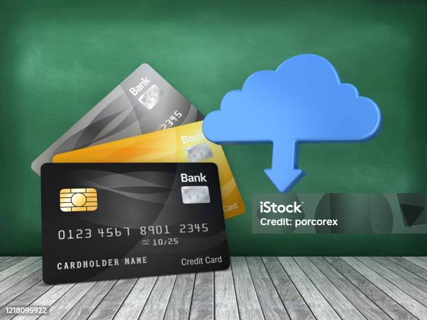 Credit Cards With Cloud Computing On Chalkboard 3d Rendering Stock Photo - Download Image Now