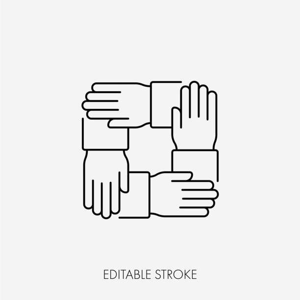 ilustrações de stock, clip art, desenhos animados e ícones de four connected hands. editable stroke - four people