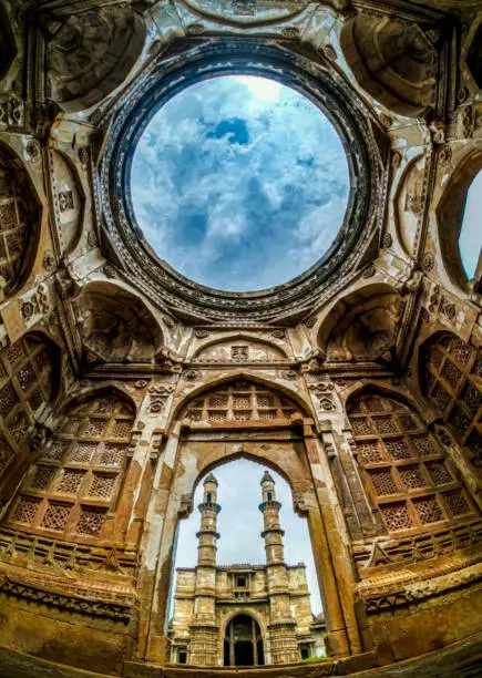 Champaner-Pavagadh Archaeological Park is a UNESCO World Heritage Site which is located in Panchmahal district in Gujarat,India.Kevada Masjid,interior View Of This Masjid.It Has Big Gate wide angle image