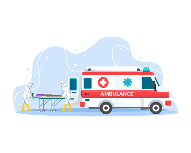 ilustraciones, imágenes clip art, dibujos animados e iconos de stock de paramédico de emergencia de ambulancia que transporta al paciente en camilla - ambulancia