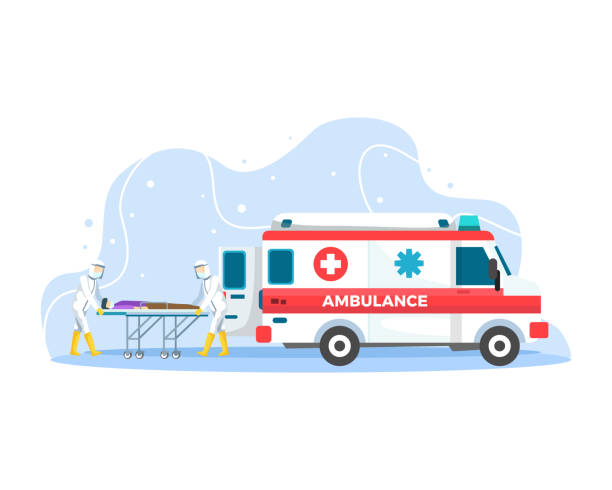 Ambulance emergency paramedic carrying patient in stretcher Doctor who save patients from Coronavirus outbreak fighting covid-19. Vector illustration in a flat style paramedic stock illustrations