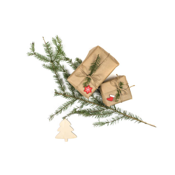 istock Christmas composition.  gift, knitted blanket, pine cones, fir branches. Flat lay, top view 1218104500