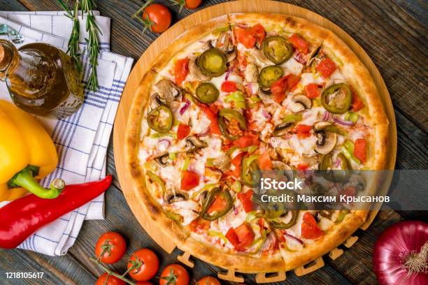 Mexican Pizza With Meat And Jalapeno Stock Photo - Download Image Now - Pizza, High Angle View, Jalapeno Pepper