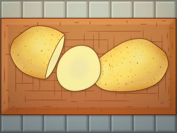 całe ziemniaki, ziemniaki pokrojone na pół i kawałek ziemniaka na drewnianej desce do krojenia - backgrounds brown close up cutting stock illustrations
