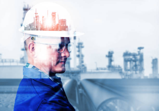 istock Production engineer with chemical refinery factory background. Mixed media 1218111745
