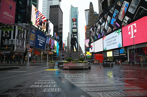 NEW YORK, NEW YORK - USA – APRIL 10, 2020: Times Square in midtown Manhattan is empty due to health concerns to stop the spread of Coronavirus.