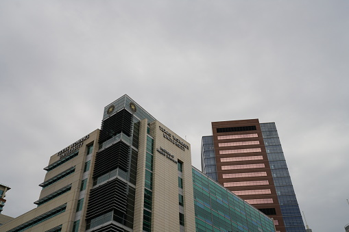Houston, Texas, USA – April 10, 2020:  Views of the buildings for research in Houston Medical Center area.  Houston on lockdown except for groceries and food during the COVID-19 pandemic.