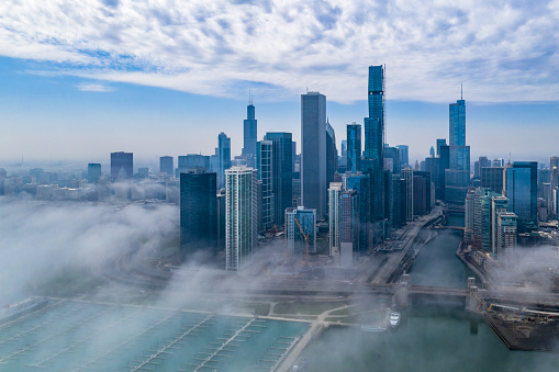 Fog Rolling Over  Downtown Chicago - Aerial Drone Shot  - USA