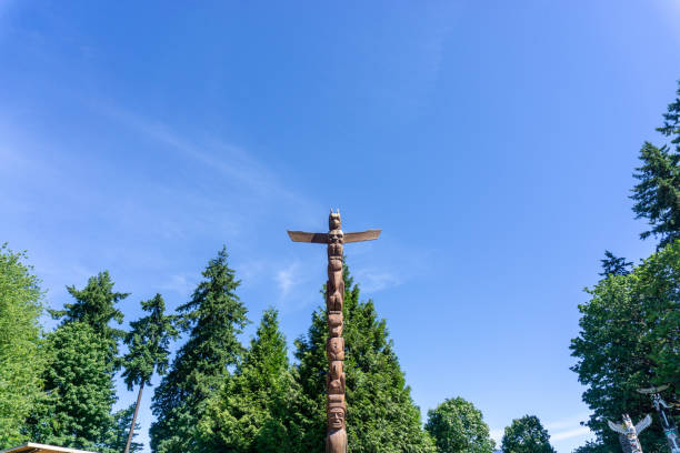 Hitching post in the form of carved wooden pillars in the Yakut national traditions.Russia, Yakutia