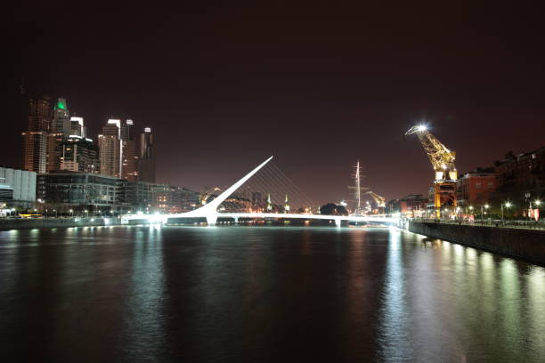 Women's Bridge and Waterfront (Puerto Madero) at night in Buenos Aires stock photo