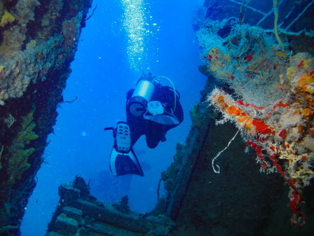 A diver makes his way through the wreck The Eagle off the coast of Islamorada, Florida stock photo
