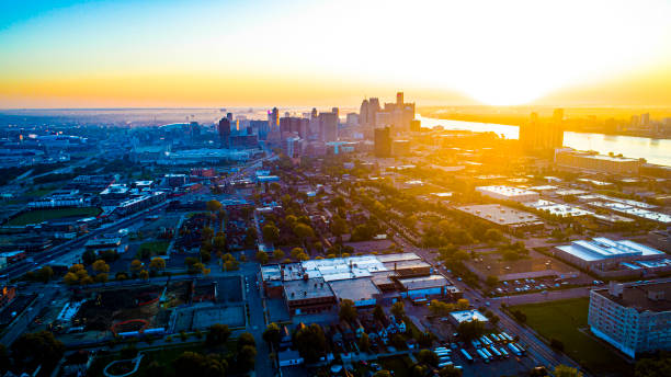 Detroit Michigan Skyline at sunrise stock photo