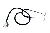 A stethoscope is isolated on a white background backdrop. The concept of medical equipment, cardiology, lung diagnosis, coronavirus, diagnosis of pneumonia. Copy space