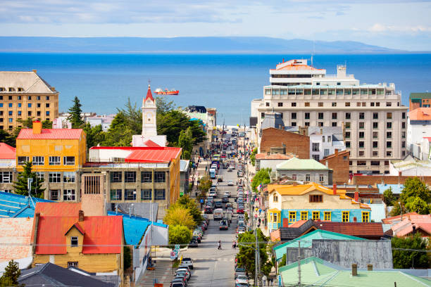 Punta Arenas, Chile-February, 21, 2020: Cityscape. View of the city and the Strait of Magellan from above. The city's Cathedral is visible to the left of the center.