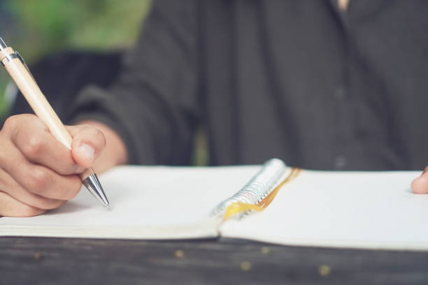 istock Woman hand writing down in small white memo notebook for take a note not to forget or to do list plan for future. 1218128345
