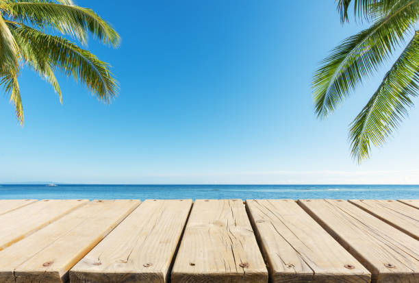 istock Empty wooden platform with tropical sea and clear sky background 1218130991