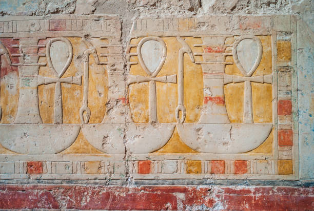 Ankh, Djed and Was Hieroglyphs in the Temple of Hatshepsut in Deir El-Bahari Ankh, Sign of Life, Djed, Pillar, and Was, Dominion, Hieroglyphs in the Temple of Hatshepsut in Deir El-Bahari, Egypt, an Ancient Bas Relief Fresco el bahari stock pictures, royalty-free photos & images