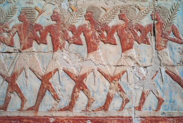 Relief of Hatshepsut's Trading Expedition to the Land of Punt Ancient Relief of the Trading Expedition of Queen Hatshepsut to the Land of Punt in the mortuary temple of the Pharaoh at Deir El-Bahri, Egypt hatshepsut photos stock pictures, royalty-free photos & images