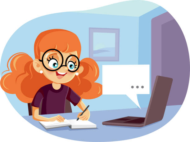 Student Girl Using Laptop for Online School Learning Funny pupil doing homework in quarantine time essay writing stock illustrations