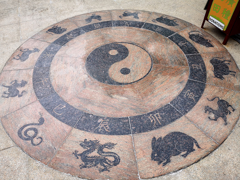 Yin Yang and Chinese zodiac signs on the floor at Ten Thousand Buddhas Monastery. It's a mid-20th century Buddhist temple located in Sha Tin, Hong Kong. Both the main temple building and the pagoda are listed as Grade III historic buildings by the Government of Hong Kong.