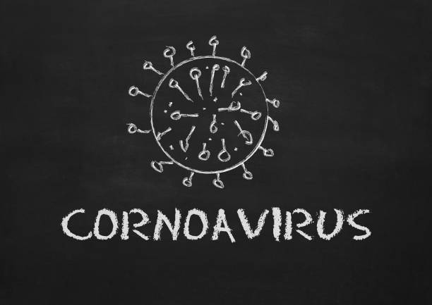 istock coronavirus and covid-19 text with Corona virus hand drawn on chalk blackboard 1218137168