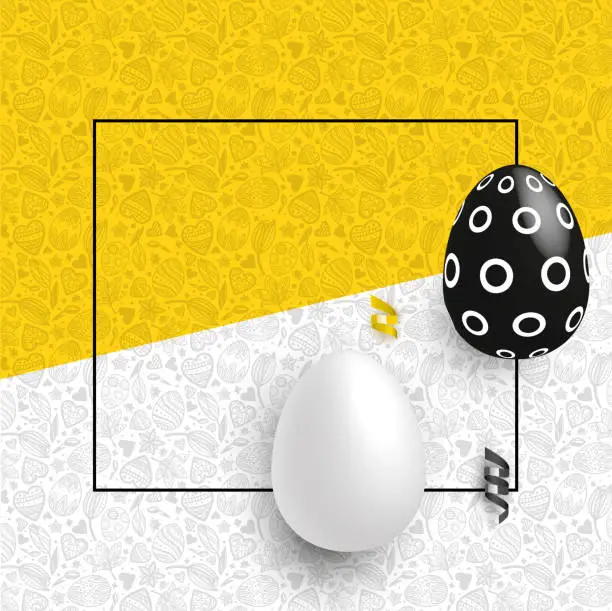 Vector illustration of Yellow white easter banner with thin black line square and black and white eggs