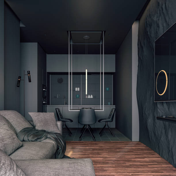 3d render of beautiful interior with dark  gray walls - 11321 imagens e fotografias de stock