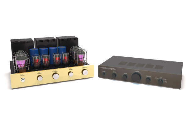istock Modern and vintage power amplifiers (3d illustration). 1218141702