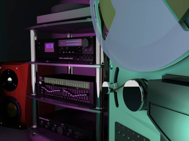 istock Vintage audio equipment - tape recorder, amplifier, equalizer, turntable, loudspeaker (3d illustration). 1218141709
