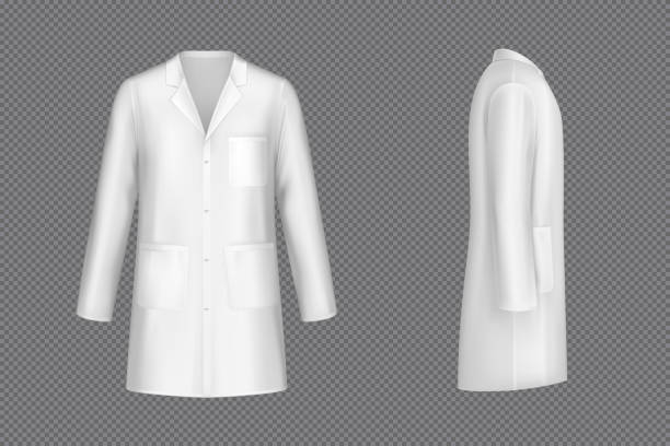 Vector white doctor coat, medical uniform White doctor coat, medical uniform isolated on transparent background. Vector realistic mock up of lab costume front and side view. Clothes for medicine profession, nurse suit, physician robe laboratory coat stock illustrations