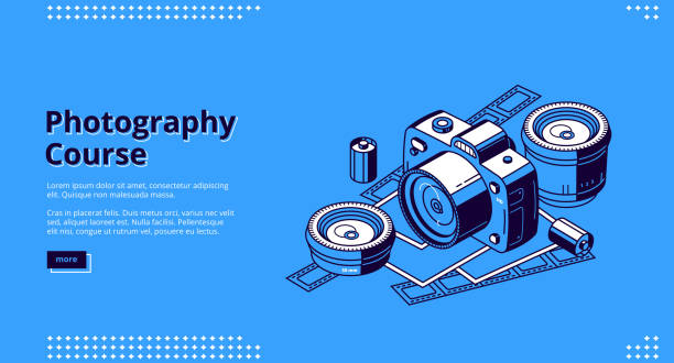 ilustrações, clipart, desenhos animados e ícones de cursos de fotografia, banner web isométrico de aulas - aprender fotos