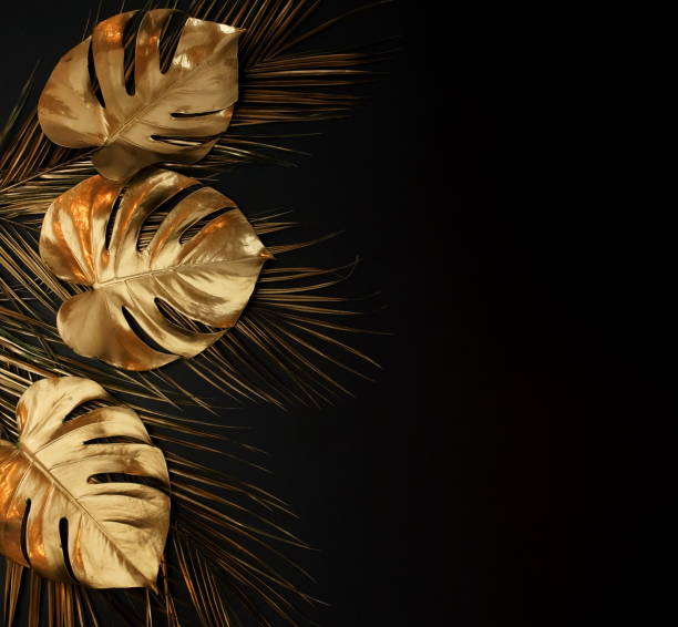 istock Gold leaves plant tropical monstera and palm pattern frame on a black background. top view.abstract. 1218149031