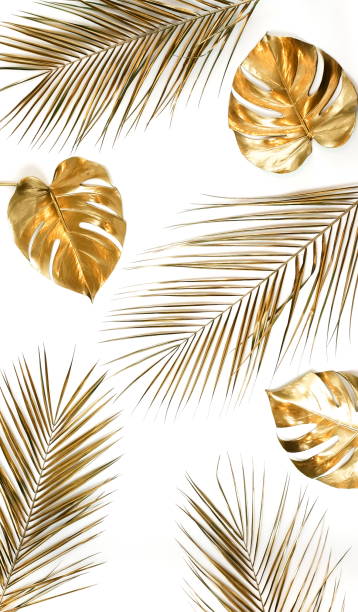 istock Gold palm and monstera leaves plant pattern isolated on a white background. top view. copy space. abstract. 1218150589