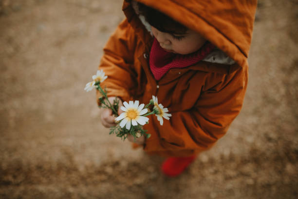 istock High Angle View Of Girl Holding Flowers While Standing In Puddle 1218153845