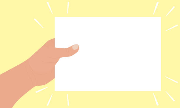 Human hand holds blank sheet of paper. Rectangular mockup, template. Layout for card, certificate, diploma, flyer, invitation, list, reminder, letter, ticket. Vector flat cartoon illustration Human hand holds a blank sheet of paper. Rectangular mockup, template. Layout for card, certificate, diploma, flyer, invitation, list, reminder, letter, ticket Vector flat cartoon illustration square business card mockup stock illustrations