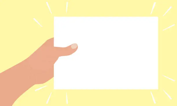 Vector illustration of Human hand holds blank sheet of paper. Rectangular mockup, template. Layout for card, certificate, diploma, flyer, invitation, list, reminder, letter, ticket. Vector flat cartoon illustration