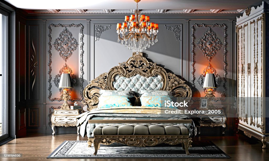 3D Render of bedroom in luxury hotel 3D Render of bedroom in luxury home Luxury Stock Photo