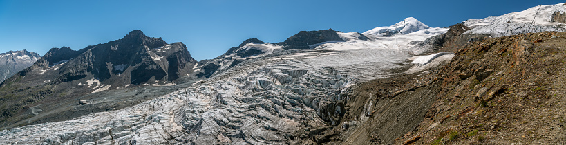 Panoramic view on melting Fee glacier above the Saas-Fee village, Switzerland