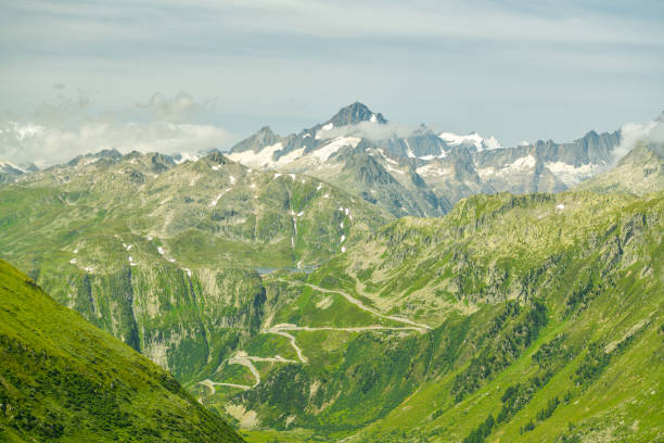 View on Grimsel high mountain pass and surrounding mountains in the heart of Swiss Alps