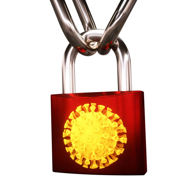 istock Lockdown padlock with coronavirus silhouette isolated on white for further compositing 1218160833