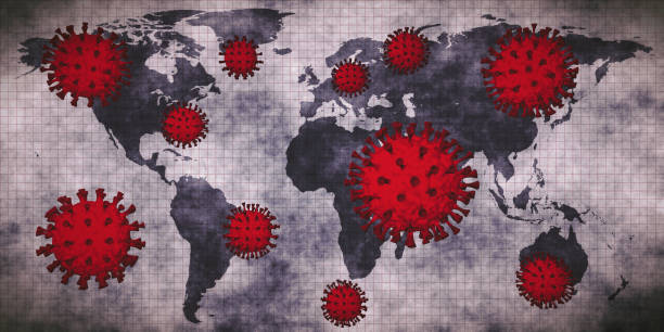 istock Dirty World map with grid and red coronavirus cells overlay 1218161010